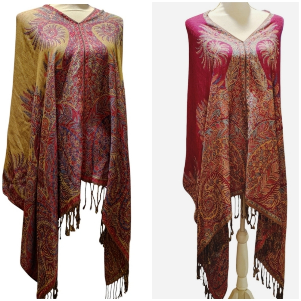Beautiful Reversible Lightweight Poncho Jewel Tones 56" Hem 33" Long Plus Fringe